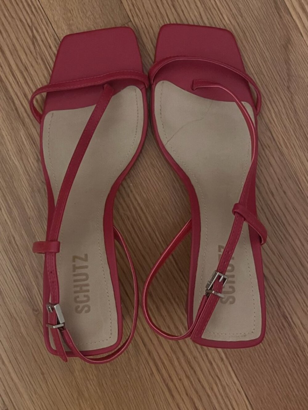 SCHUTZ Red Strappy Square Toe Block Heel Sandals